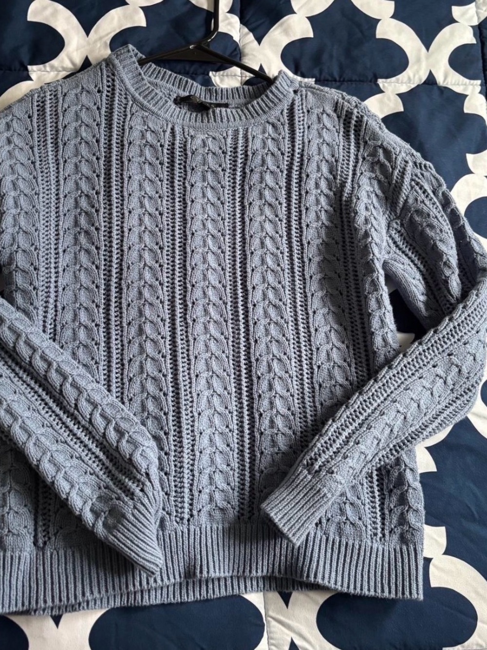 Cable Knit Crewneck Sweater — Light Blue